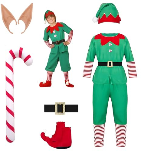 Dhqkqg Costume da Elfo di Natale, Costume da Elfo per Bambini, CosTume da Elfo con Cappello, Bastoncino di Zucchero, Orecchie da Elfo, per Feste Spettacoli Scuola Carnevale Travestimento Bambini