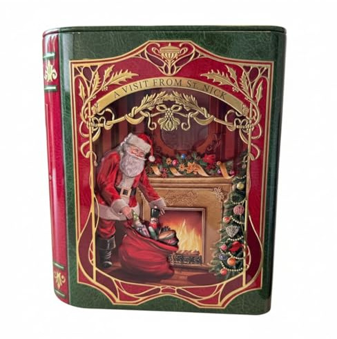 POWERHAUS24 Nikolaus zu Gast Blechdose in Buchform, geprägtes Motiv, Goldverzierung, nostalgische Geschenkdose/Keksdose, lebensmittelecht, Dekoration zur Adventszeit 17,5 cm x 15 cm