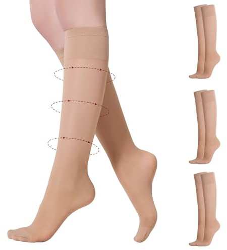 Yilanmy Stützstrümpfe Damen Nylonstrümpfe Transparente Kniestrümpfe 40D | Leichte Kompressions-Kniestrümpfe, 3 Paar, Nylon, Schwarz & Hautfarbe, für Beruf & Reise