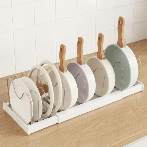 AOOTE Expandable Pan Lid Holder, 32–57cm Expandable Pans Organiser Rack, Kitchen Cupboard Organiser with 9 Adjustable Dividers Pot, Pan Organisers for Cupboard, Pots, Pans, Baking Trays, White