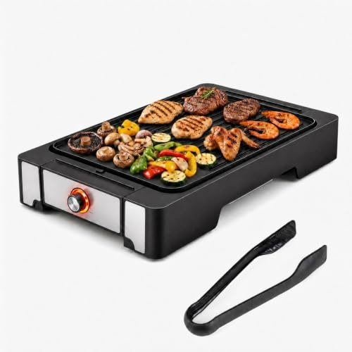 LIFEZEAL Griglia Elettrica 2300W, 2 Superfici di Cottura (53 x 31 x 8,5 cm) | Piastra Grill da Tavolo con Rivestimento Antiaderente, Pinza e Vassoio Raccogli-grasso Rimovibile, per Picnic e BBQ