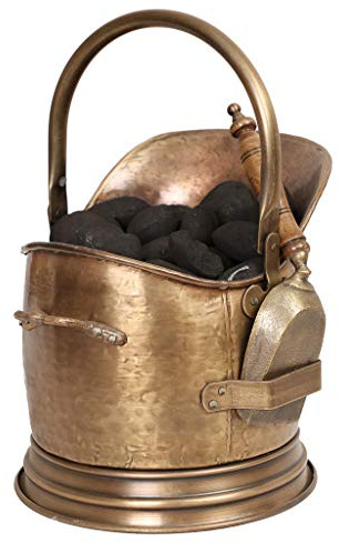 Coal Bucket Antique Brass Scuttle With Wooden Handled Shovel