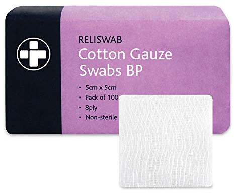 Reliance Medical 5 x 5 cm Reliswab BP 8Ply Non Sterile Gauze Swab - 5 Packs of 100 Swabs - Multipack 500 Swabs