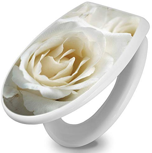 banjado Toilettendeckel mit Absenkautomatik 44,5x37cm / WC Brille Soft Close/hygienischer Toilettendeckel/Klodeckel Duroplast Edelstahl Scharniere einfache Montage/Motiv White Roses