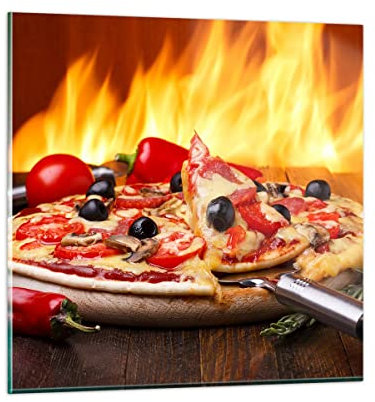 Moderne Impression sur Verre Gâteau pâtisserie pizza fromage Image Tableau en Verre Decoration Murale 60x60cm Deco Cadre Salon Chambre Cuisine Carré Grand Tableaux Decoratifs Muraux Art GAC60x60-2406
