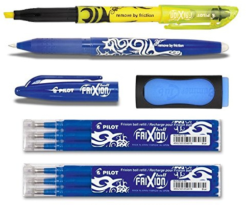 1 Frixion Ball blau + 6er-Set Mine + Radierer + Textmarker gelb (+ extra Radierer | 6 Minen, Blau | gelb)