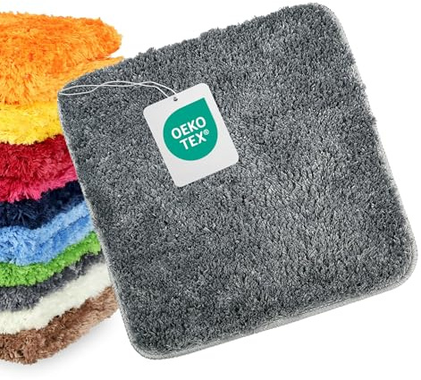 WohnDirect Badematte 45x45 cm ohne Ausschnitt Grau – Kleiner Badteppich Quadratisch & rutschfest, Flauschiger Badvorleger, Waschbar, für Gäste-WC & Fußbodenheizung (Versand aus DE)