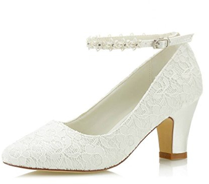 JIAJIA 62311A Damen Brautschuhe Closed Toe Chunky Heel Spitze Satin Pumps Satin Blume Hochzeitsschuhe Farbe Elfenbein,Größe 39 EU (5.5 UK)