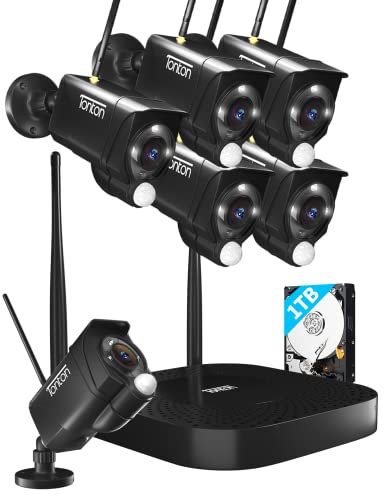 2K WLAN Überwachungskamera Set Aussen mit Flutlicht, 10CH 5MP Funk NVR Überwachungssystem, 6pcs 1296P Kamera Drahtlos, Zwei-Wege-Audio, 30M IR/Farbe Nachtsicht, 1TB HDD, APP PC Fernzugriff, Schwarz