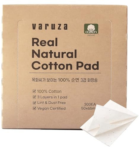 varuza Premium Real Natural Cotton Pads for face – Lint Free 3 Layers Cotton Squares for Makeup Removal, DIY Toner Pads, Nail - 100% Cotton Face Pads 300 Count