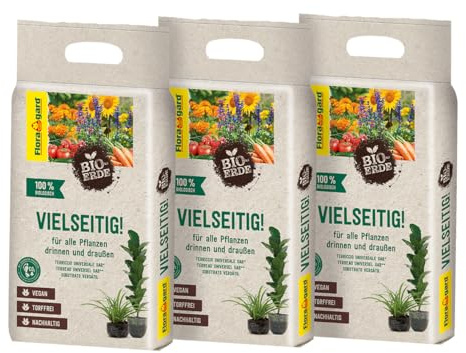 Floragard Bio-Erde Vielseitig 9 L (3×3 L) – torffreie, vegane Bio-Universal- & Blumenerde mit lockerer Struktur & guter Wasserspeicherung – ideal für Zimmer-, Balkon-, Kübel- & Gartenpflanzen