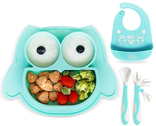 Brunoko Piatto con ventosa per bambini - Set pappa per neonati composto da piatto a ventosa per bambini, cucchiaino e bavaglini impermeabili, 3 in 1 - Set da pappa per neonati antiscivolo e senza BPA