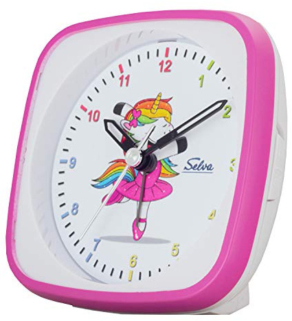 SELVA Quarzwecker Einhorn-Ballerina, perfekt zur Einschulung pink/weiss. Schleichende Sekunde lautlos, analog, für Kinder, buntes Zifferblatt mit Licht/Weckwiederholung. Maße: 95 x 95 x 45 mm