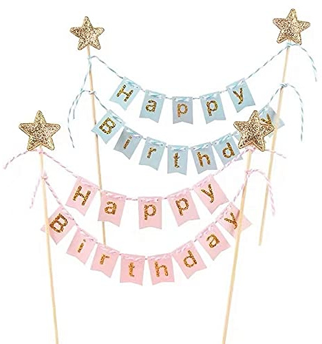 Kuchen Topper,Cake Topper Banner,2pcs“Happy Birthday”Geburtstags Kuchen Dekoration für Torten Cupcake Kindergeburtstag Party Pink Blau