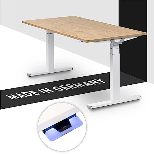 boho office® Höhenverstellbarer Schreibtisch 160 x 80 cm - Made in Germany, Elektrisch stufenlos, 2 Motoren, 3-Fach Teleskop, Kollisionsschutz - Premium Line Weiß inkl. Tischplatte in Wildeiche