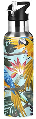 Vnurnrn Ara Perroquet Oiseau Palmier Tropical Bouteille d'eau Isotherme avec Paille en Acier Inoxydable Gourde 600ML, Sans Bpa Gourdes Eau pour Enfant Sport Randonnée École Bureau
