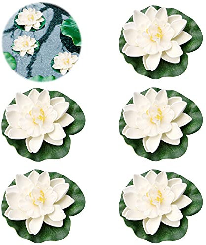 SHOWHEEL 5pcs Fiori di Loto galleggianti Artificiali,Fiori galleggianti per laghetti,Fiore di Loto in Schiuma,di Loto e Foglie di Loto per Stagno Decor,Decor Fiori di Loto (Bianco)