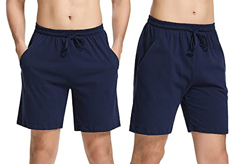 NC Pyjamasbyxor för män, 2-pack shorts, bomull, korta pyjamasbyxor, enfärgade, loungwear, fritidsbyxor, shorty nattkläder, sovshorts med 2 fickor, S–XXL, Stil7-blå, 2-pack, XL