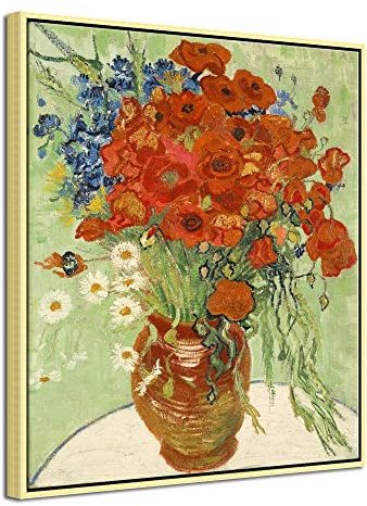 Wieco Art Großer Kunstdruck auf Leinwand, Mohnblumen und Gänseblümchen, mit Goldrahmen, klassische Blumen, Kunstwerk, Bilder auf Leinwand, Wandkunst für Zuhause, Büro, Dekorationen