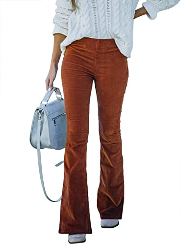 Sidefeel Women's Corduroy Flare Pants Elastic Waist Bell Bottom Trousers Medium Brown