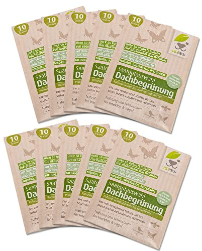 10x Biobalu Dachbegrünung 10 g - Mix 50 verschiedener Blumen & Gräsersorten - mehrjährig - für 50 m² - bienenfreundlich & winterhart - Bodendecker (10)