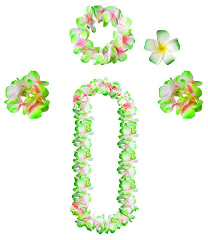 duoyif Blumenkette Deko 5Pcs Hawaii Kette Blumen Mit Halskette Stirnband Armband Haarclips, Blumengirlande Luau Blumenkette FüR Hawaii Sommer Strand Party Geburtstag Karnevals Cheerleading (grün)