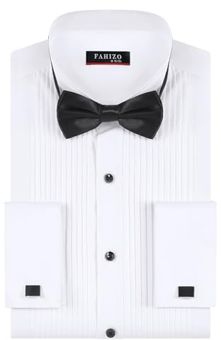FAHIZO Camicia da smoking bianca da uomo con colletto ad ala, polsini francesi e accessori, Papillon/Bianco-a, XL