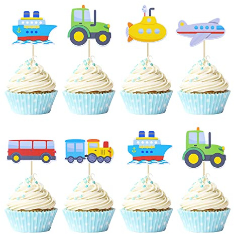 Gyufise 36 Stück Transport-Cupcake-Topper, Auto, LKW, Zug, Flugzeug, Schiff, Party, Kuchendekoration für Kindergeburtstag, Babyparty