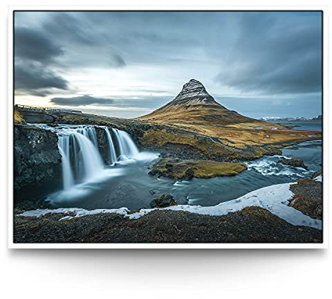 BilderKing Wandbild Wasserfall Island - 100cm x 75cm Leinwand auf 2cm Keilrahmen mit Schattenfugenrahmen weiß