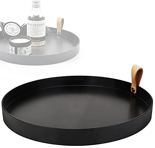 26cm Deko Tablett Schwarz Rund, Schwarz Deko Tablett Aus Metall,Mit Ledergriff,Für Partys, Restaurants, Kerzen Serviertablett Für Wohnzimmer Badezimmer Esstisch