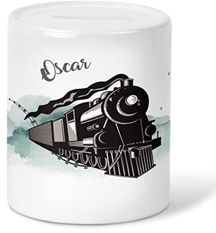 MIKALINO Kinder Spardose Dampflokomotive auf grosser Fahrt in den Bergen personalisiert mit Wunschname Geschenke Geschenkideen Sparschwein - handbedruckt in Deutschland, Farbe:Weiss, Grösse:OneSize