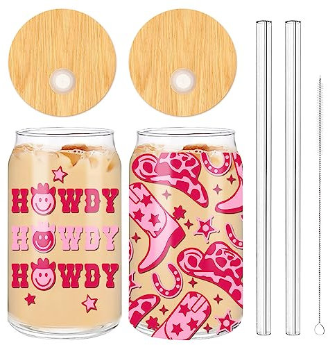 Whaline Western Cowgirl Beer Can Glass Cowgirl Drinking Glasses 16oz with Bamboo Lid Glass Straw and Cleaning Brush Cowboy Boots Disco Drinking Glass Boho Preppy Coffee Decor Gift Idea,2 Pack