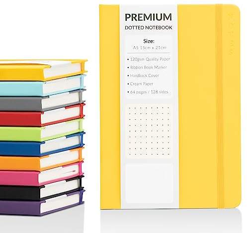Bullet Journal A5 prickig anteckningsbok med hårt fodral i konstläder och premium 120 gsm tjockt prick rutnätspapper (128 gräddfärgade sidor, gul)