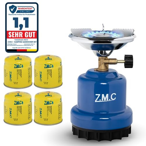 Z.M.C Campingkocher 1100 W + 4X Gaskartuschen 190 g, Gaskocher für Camping 13x20 cm, Kohlenanzünder, Mini Camping Gas Kocher, Anzünder
