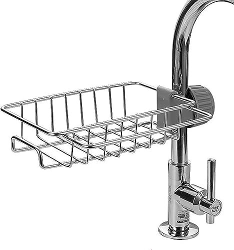 yufana Estante De Almacenamiento de Grifo, Organizador Colgante, Porta Esponjas de Acero Inoxidable con Gancho, No Requiere Taladrar, Accesorios de Cocina, Apto para Cocina, Baño(Plata)