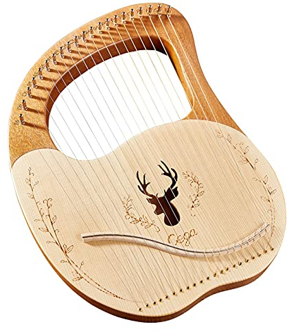 Arpa de lira, 21 cuerdas de metal, caja de arpa de lira, arpa de lira, tablero de abeto, tablero de caoba, instrumento de cuerda con llave de afinación, cuerdas, púas, notas musicales