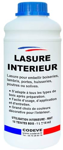Lasure Bois Interieur - Codeve Bois/Pin orégon - 1L - Intérieur - Pour La Décoration De Votre Boiserie, Lambris, Porte Ou Poutre En Bois.