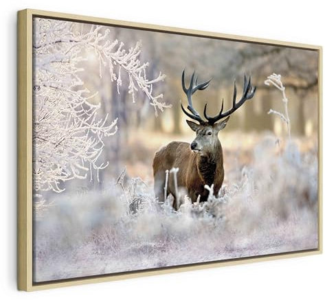 murando Bilder mit Rahmen 120x80 cm Wandbilder groß Leinwandbild XXL natürlicher Holzrahmen modern Wanddekoration Kunstdruck Wanddeko Wohnzimmer Schlafzimmer Hirsch Natur Wald Tier Landschaft Waldtier