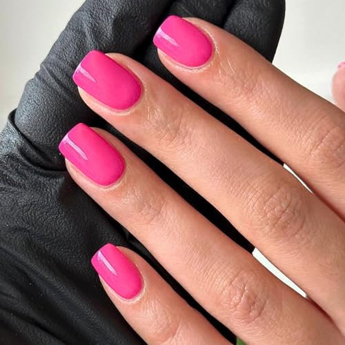 24 Pezzi Unghie Finte Corte Quadrate Adesive Unghie Artificiali Francesi Copertura Completa Press on Nails Colore Puro Nail Art Accessori per Donne e Ragazze Manicure Fai da Te (Rosa Acceso)