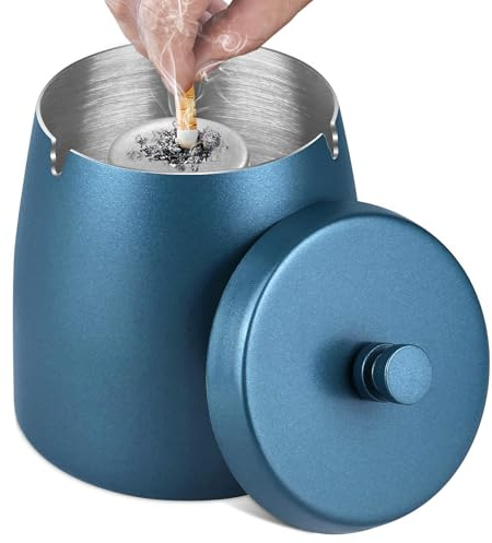 Aschenbecher mit Deckel (10 * 9 * 10cm) - Aschenbecher für Draussen, Groß Aschenbecher Windaschenbecher Edelstahl, Sturmaschenbecher mit Boden, Standaschenbecher für Draußen und Innen - Blau