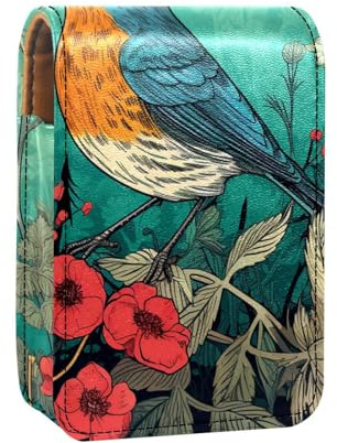Étui à Rouge à lèvres,Organisateur de Rouge à lèvres en Cuir avec Miroir,Oiseau coloré et Oiseau Sauvage