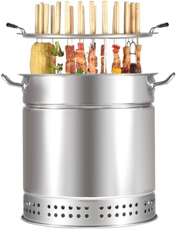 TT-YEC Edelstahl -Holzkohlegrill, Rauchloser Grill Mit Deckel, Zylindrischem Abnehmbarem Grill, Tragbarer Holzkohle -Herd, Geeignet Für Innen-, Außen-, Terrasse, Garten, Silber