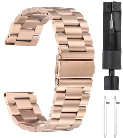 QUARKZMAN Edelstahl Ehrenarmband 20mm Metall Uhrenarmbänder Schmetterlingsverschluss Schnellverschluss Solide Stahlkette Ersatzarmband mit Adapter für Smartwatch Herren Damen, Roségold