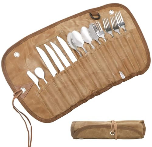 Juego de cubiertos para camping, cubiertos de viaje con bolsa de almacenamiento, tenedor y cuchara de 14 piezas, juego de cubiertos para exteriores, portátil, juego de cubiertos reutilizable para