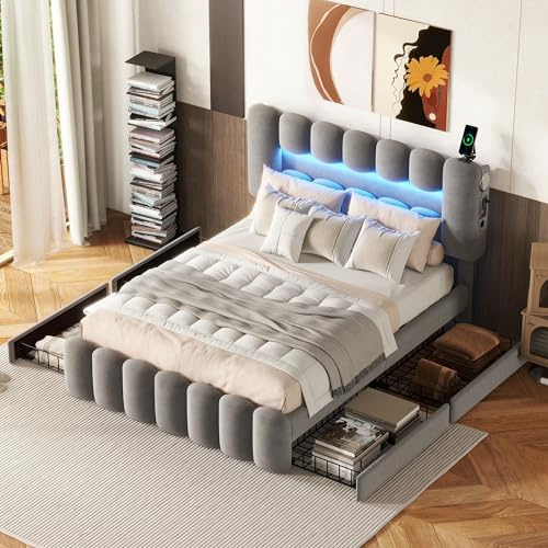 Ctastay Polsterbett Doppelbett 140X200 cm, Bett mit LED-Beleuchtung und USB, Bettgestell mit 4 Schubladen Stauraum und Lattenrost, Stauraumbett, Samt, Grau (Ohne Matratze)