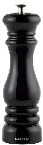 Salter BW13676EU7 Chester Molinillo de pimienta - Molinillo de especias negro clásico, molienda de cerámica, aspereza ajustable, fino a grueso, saleros manuales, tapa adicional incluida, negro