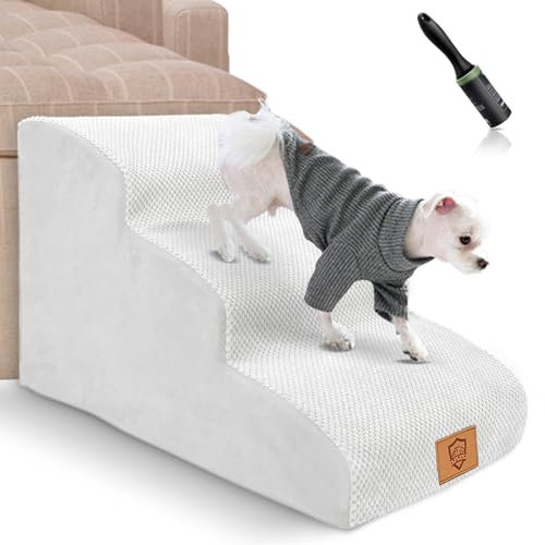 Myiosus Hundetreppe, 3-stufige rutschfeste Haustiertreppe für Sofa und Bett, hochdichter Schaumstoff-Hunderampe mit abnehmbarem waschbarem Bezug für kleine Hunde/Katzen, 60 x 40 x 40 cm, Weiß