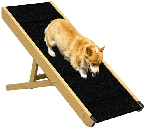 PawHut Rampa para Perros Plegable Rampa para Mascotas de Madera con Altura Ajustable en 4 Niveles para Perros Pequeños y Medianos 83,5x35x47,5 cm Natural