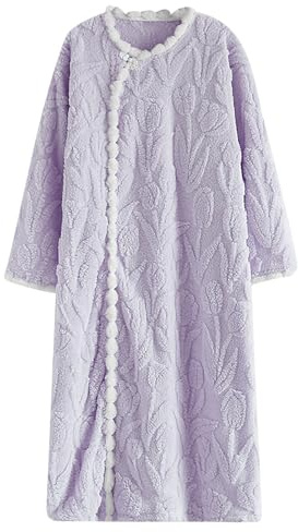 Flodxo Robe de chambre en polaire pour femme - Longue et moelleuse - Sans capuche - En flanelle chaude et confortable - Manches longues - Boutonnée - Robe de bain - Pyjama, violet, M