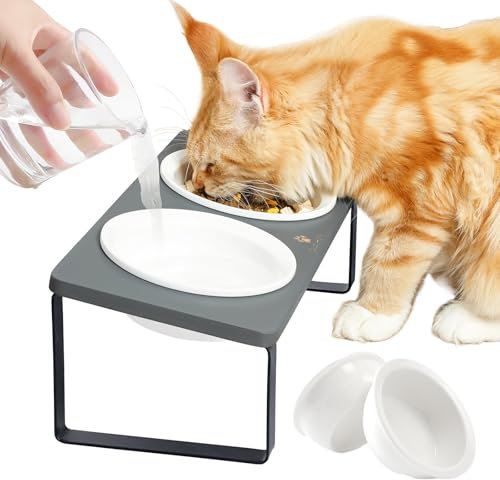 GUUSII HOME Katzennapf Erhöht Futternapf Katze Keramik Fressnapf Katzen Näpfe Ergonomischer Napfset Katzennäpfe Futterstation mit 4 Napf Holz Metallbeine Anti Erbrechen Einfach zu Montieren(Grau)